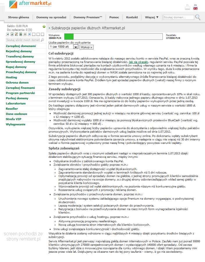 Ogłoszenie o sprzedaży weksli Aftermarket.pl